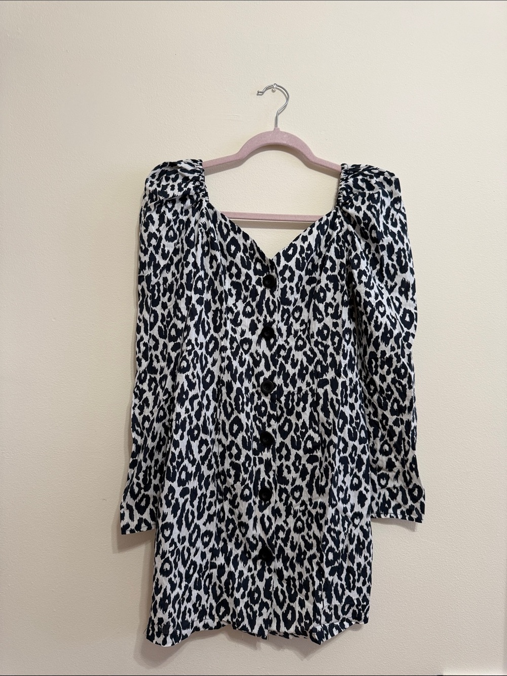 Black & White Leopard Print Button-Front Women's Mini Dress